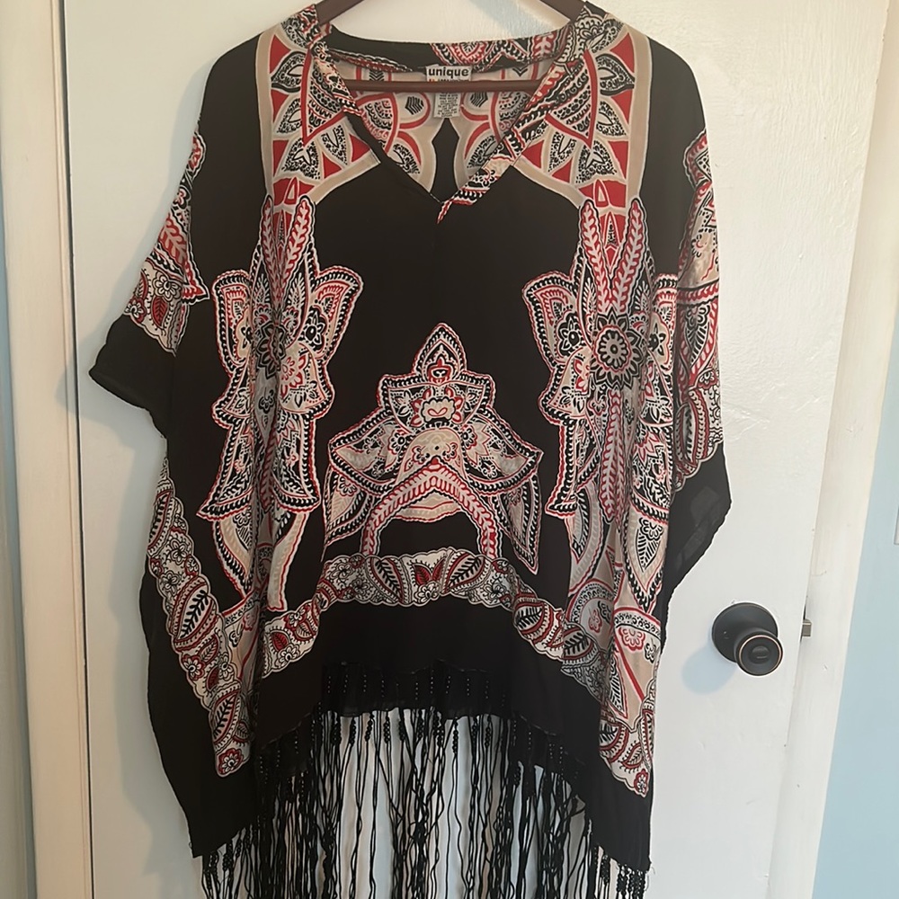 Unique Spectrum Black Floral Beaded Tassle Swim Suit Cover